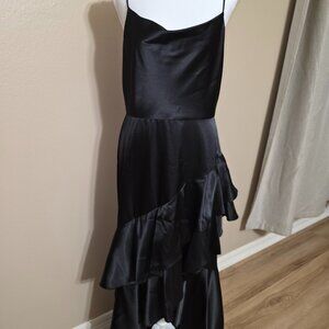 Betsy & Adam Black Satin Asymmetrical Ruffle Maxi Dress – Size 10